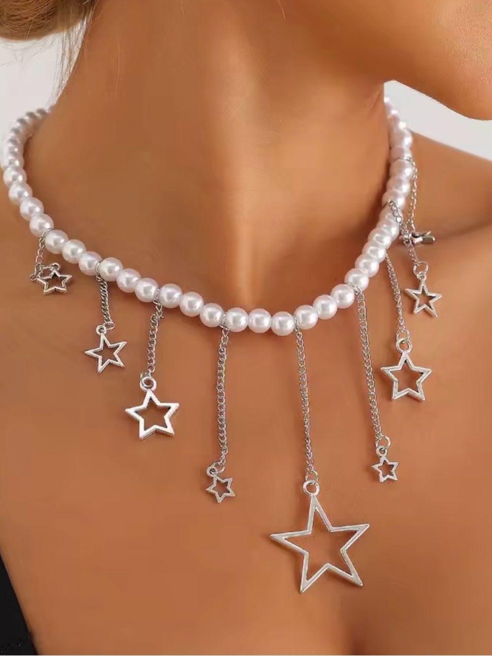 Target Silver Star & White Pearl Dangle Choker Necklace